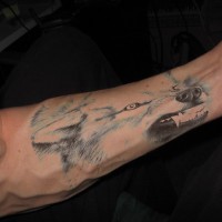 Grinsen des Wolfs Tattoo am Arm