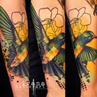 Half abstract style colored forearm tattoo of bird with flowers