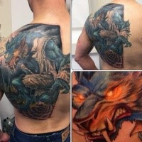 Half back colorful illustrative style demonic werewolf tattoo