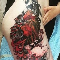 Half colored beautiful painted by Joanna Swirska thigh tattoo of peacock bird