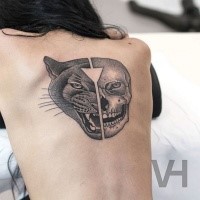 Half geometrical style black ink upper back tattoo of split panther and human head by Valentin Hirsch
