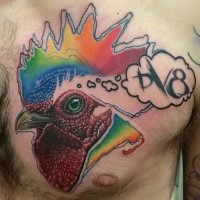 Half real half watercolor style chest tattoo of cock with lettering