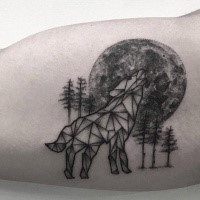 Half realistic half geometrical style biceps tattoo of wolf with large moon and trees