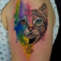 Half realistic half watercolor cat's head with bell on collar colored shoulder tattoo by Caro Cortes
