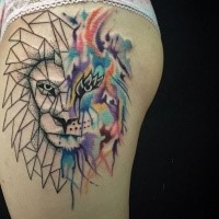 Half watercolor half geometrical style thigh tattoo of fantasy lion
