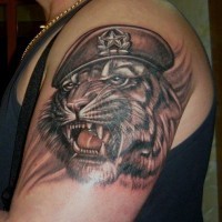 Head of tiger army tattoo on shoulder