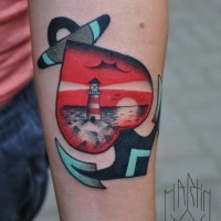 Heart anchor and lighthouse on traditional tattoo