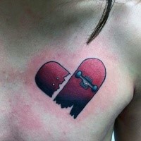 Heart shaped broken red skateboard tattoo on chest