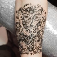 Henna style black ink for girls tattoo of cat with ornaments