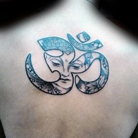 Hinduism style colored back tattoo of symbol stylized with Buddha face