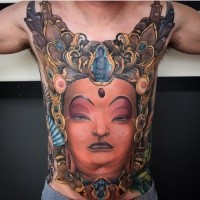Hinduism style colored whole chest and belly tattoo of Buddha portrait