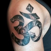 Hinduism themed colored shoulder tattoo of symbol with stars