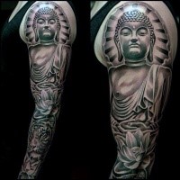 Hinduism themed colored sleeve tattoo of Buddha statue combined with tiger and lotus flower
