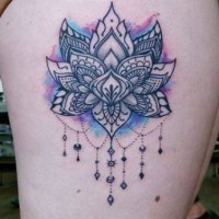 Hinduism themed multicolored little flower on thigh tattoo