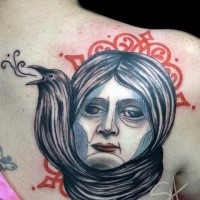 Homemade black and white shoulder tattoo of woman with crow