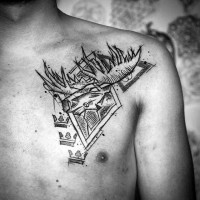 Homemade black ink abstract chest tattoo of elk and geometrical figures