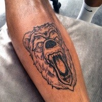Homemade black ink interesting looking leg tattoo of roaring bear