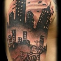 Homemade black ink shoulder tattoo of prisoner skater and night city