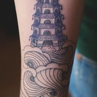 Homemade blue colored temple tattoo on forearm with waves and letteing