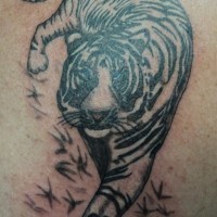 Hausgemachtes achtlos gemaltes großes Tiger Tattoo am Schulterbereich
