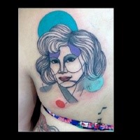Homemade colored back tattoo of woman with circles