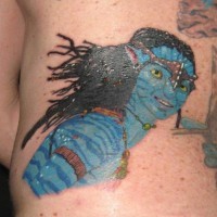 Homemade colored carelessly painted Avatar hero tattoo on back zone