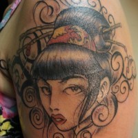 Homemade colored small Asian woman portrait tattoo on shoulder