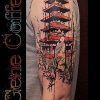 Homemade colorful shoulder tattoo of old temple with monk