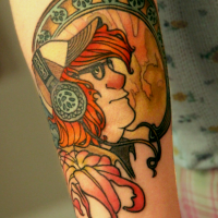 Homemade illustrative style man with headset and flower tattoo on arm