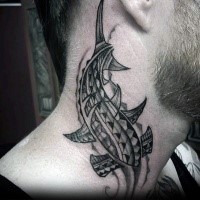 Homemade like black ink Polynesian style neck tattoo of hammerhead shark