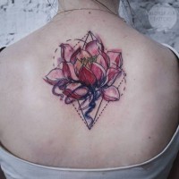 Homemade like colored big flower tattoo on upper back with geometrical ornaments