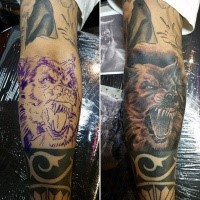 Homemade like colored roaring werewolf tattoo on leg