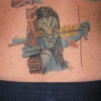 Homemade like colored waist tattoo of Avatar hunter woman