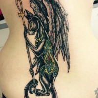 Homemade like multicolored mystical Egypt cat with wings tattoo on back