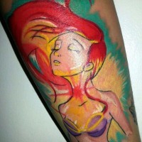 Homemade like watercolor painted cartoon Ariel mermaid tattoo