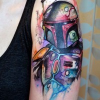 Homemade like watercolor style painted Boba Fett tattoo on upper arm