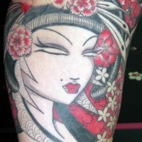 Homemade medium size colored unfinished geisha portrait tattoo with flowers on biceps