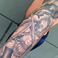 Homemade simple black and white sleeve tattoo of ancient Greece warriors
