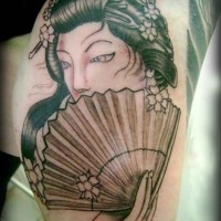 Homemade style black ink Asian geisha tattoo stylized with flowers