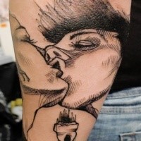 Homemade style black ink tattoo of kissing couple