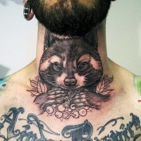 Homemade style black ink throat tattoo of raccoon with berries