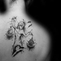 Homemade style black ink upper back tattoo of woman with libra