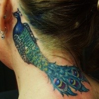 Homemade style carelessly painted colored neck tattoo of peacock