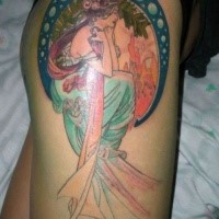Homemade style carelessly painted thigh tattoo of woman portrait