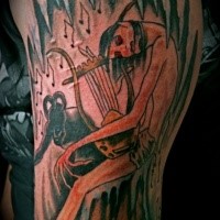 Homemade style colored arm tattoo of ancient musician