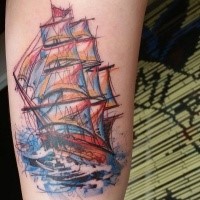 Homemade style colored arm tattoo of beautiful sailing ship
