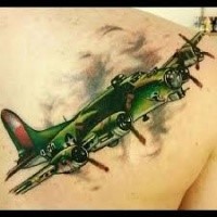 Homemade style colored scapular tattoo of big WW2 bomber plane
