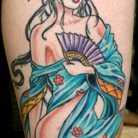 Homemade style colored seductive Asian woman tattoo on arm with little fan