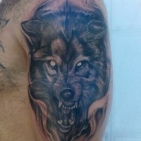 Homemade style colored shoulder tattoo of evil wolf head