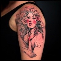 Homemade style colored shoulder tattoo of woman with flowers and demonic face